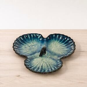 MCM 1960s California Pottery Blue Triple Section Scallop Shell Serving Tray